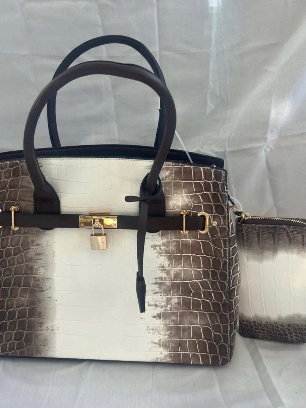 Designer-Inspired Brown and White Croc-Embossed Satchel with Gold Hardware